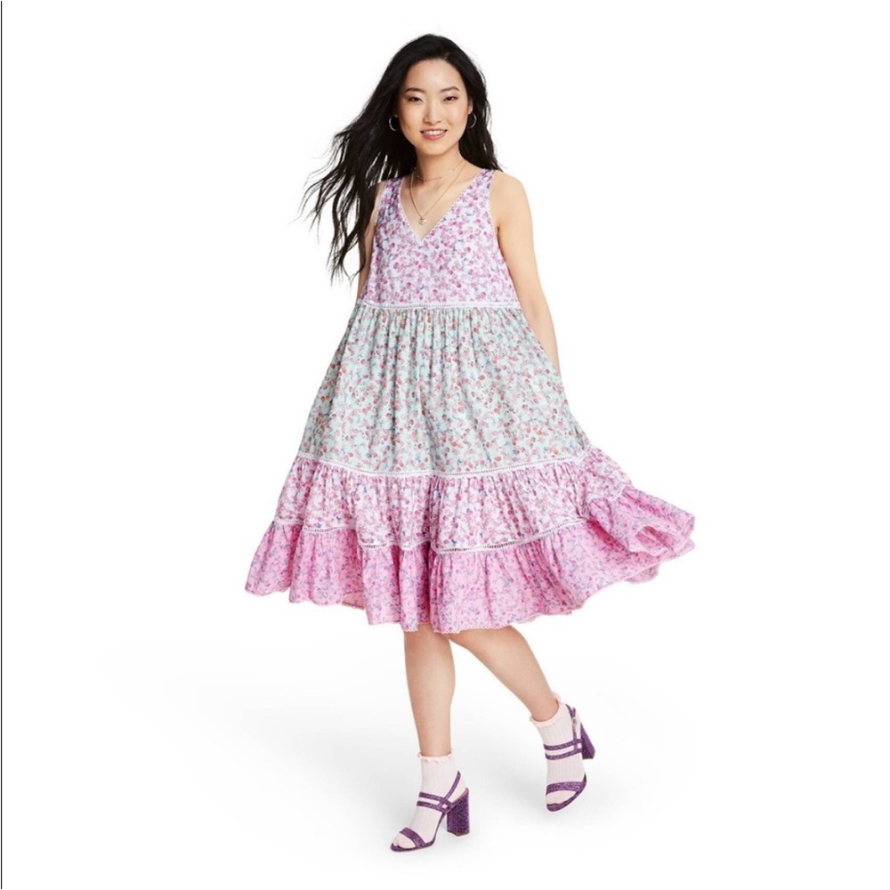 LoveShackFancy Pink and White Tiered Midi Sundress
